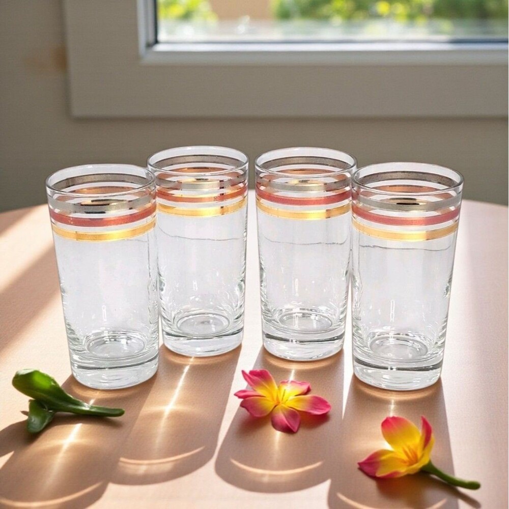 Vintage MCM Barware Glasses Set of 4 Gold Silver Rose Bands 6" Highball Bar